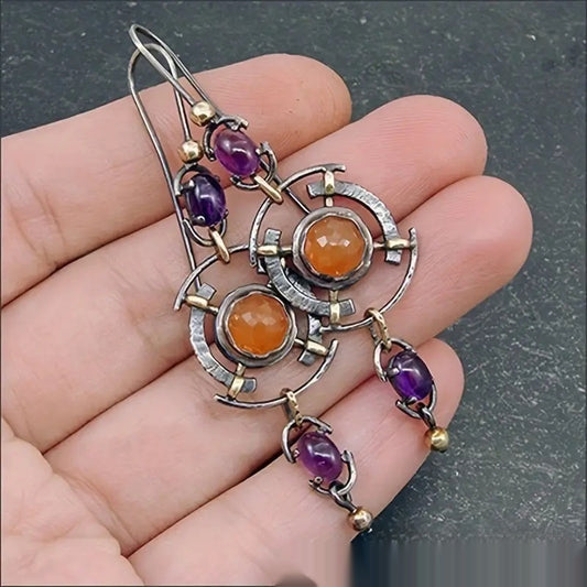 Retro Orange And Deep Purple Gemstone Geometric Pendant Earrings