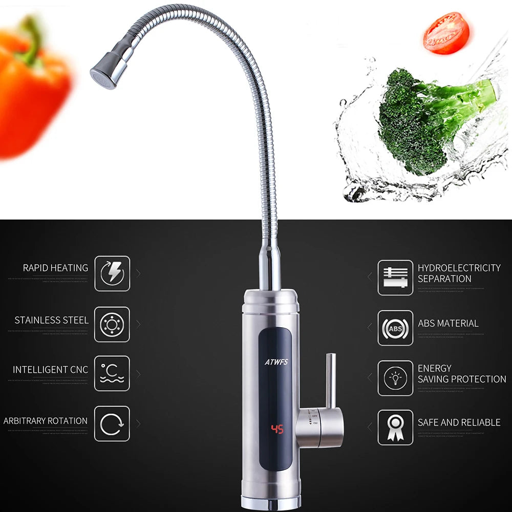 ATWFS 220V Instant Water Heater Faucet Tankless Heaters Kitchen Hot Water Tap Bathroom Heating Electric Stainless Steel Shell