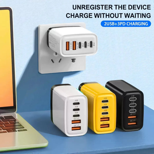 240W GaN Fast Charger With LED Light 5 in 1 2USB+3TypeC Multi Port Phone Charging Head For IPhone 16 15pro Laptop 