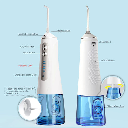 Water Flosser For Teeth Portable Oral Irrigator Dental Water Jet High Pressure Cleaning Mouth Washing 300ML 5 Modes 3 Jet Tips