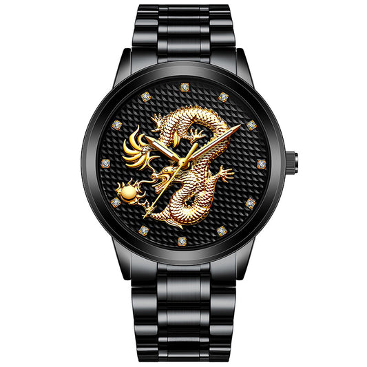 New Men's Embossed Golden Dragon Playing With Beads Diamond-inlaid Casual Business Quartz Watch