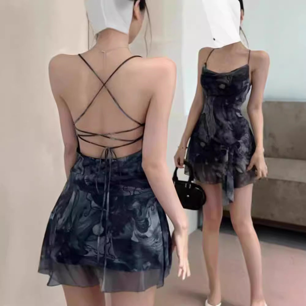 Stylish Womens Backless Asymmetrical Printed Slip Dress