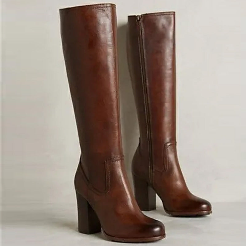 Womens Stylish Plus-size Boots With A Side Zipper And Chunky High Heel