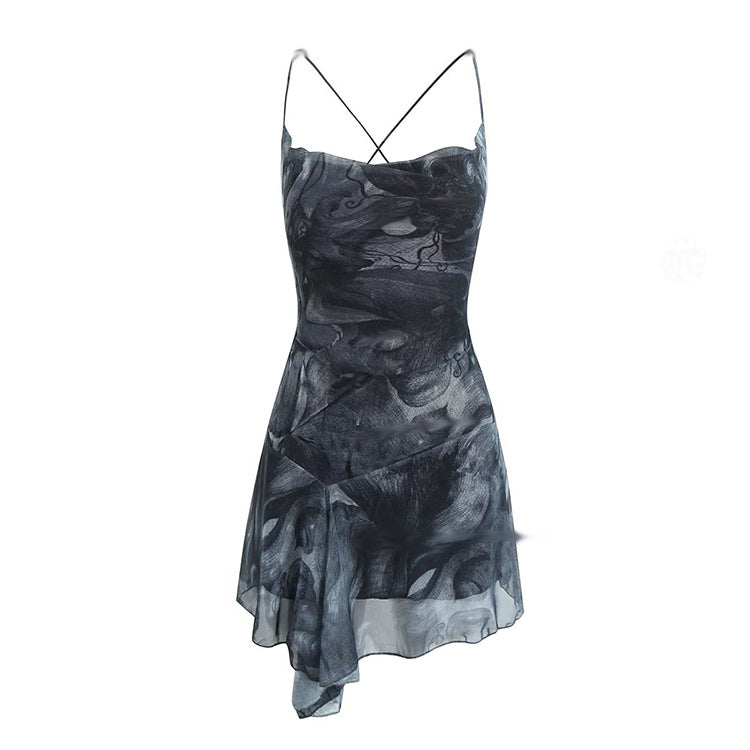 Stylish Womens Backless Asymmetrical Printed Slip Dress