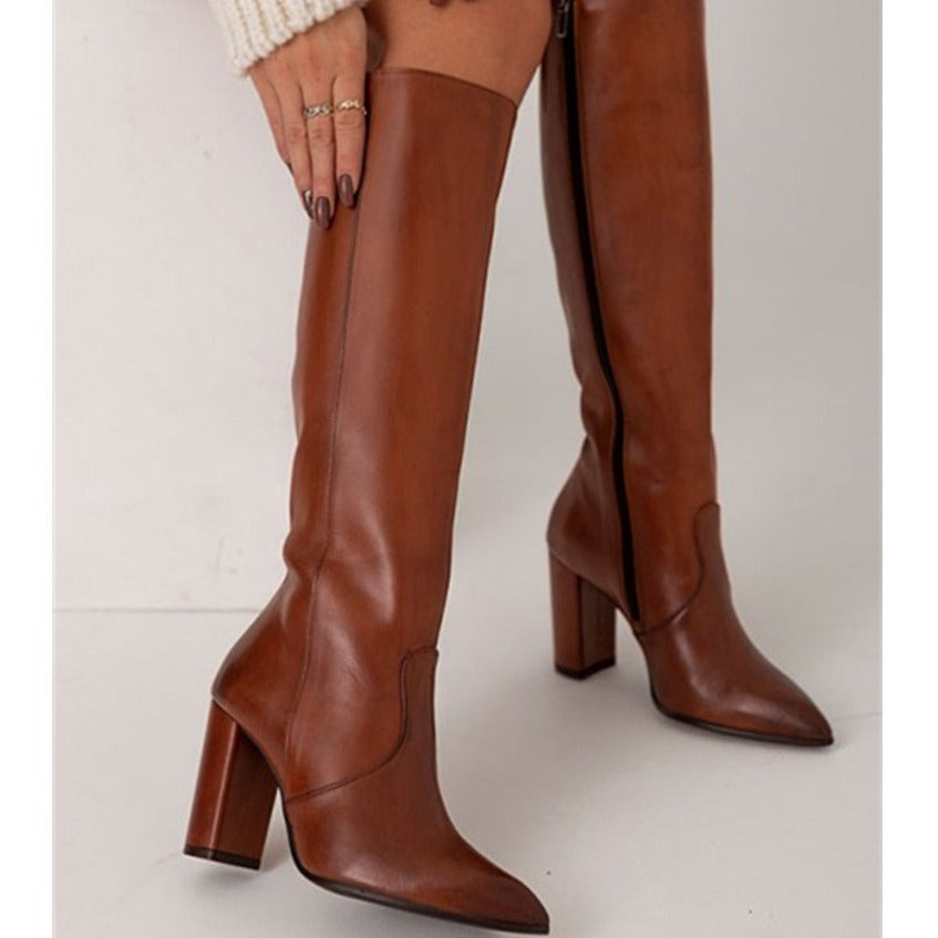 Womens Stylish High Heeled Pointed Toe Side Zip Thigh High Boots