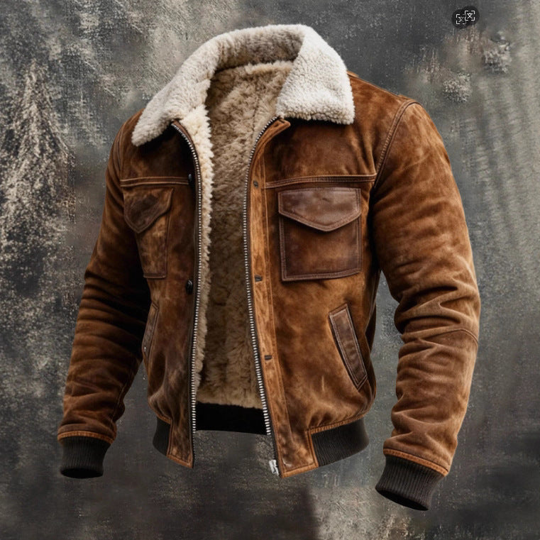 Mens Retro Multi-Pocket Fleece-Lined Versatile Outdoor Jacket