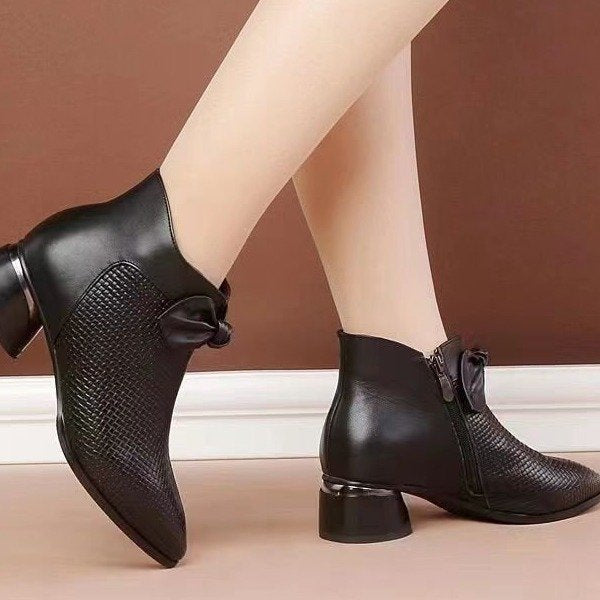 Womens Pointed-toe Chunky-heel Ankle Boots