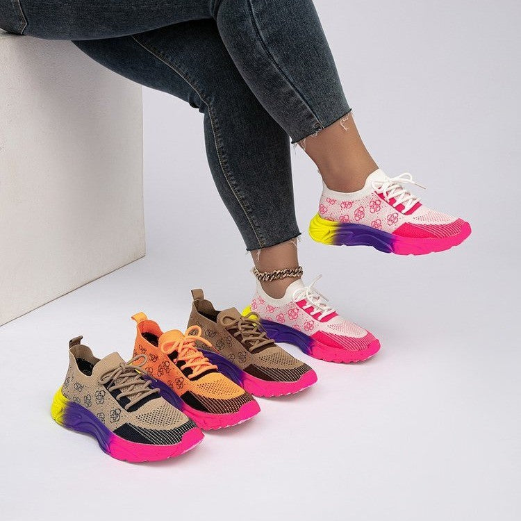 European And American-style Autumn Low-top Rainbow-soled Color-block Round-toe Flat Woven Athletic Shoes