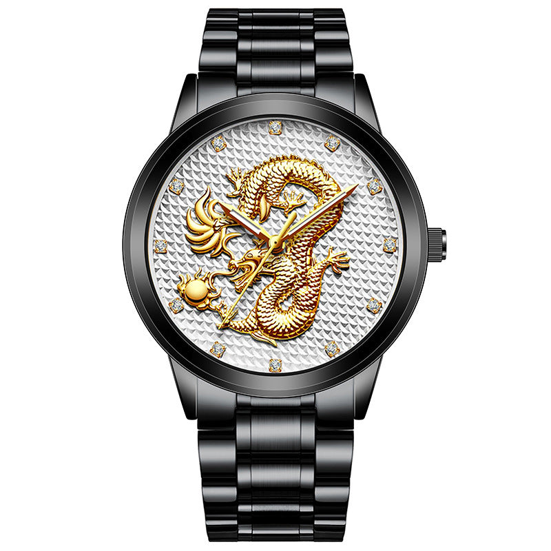 New Men's Embossed Golden Dragon Playing With Beads Diamond-inlaid Casual Business Quartz Watch