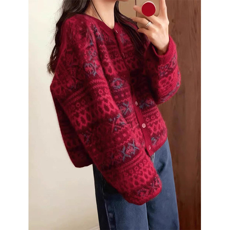 New Year & Christmas Red Jacquard Sweater For Women FallWinter Style