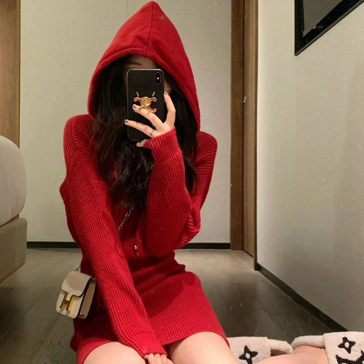 French New Year Red Hooded Knit Dress