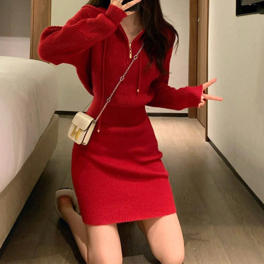 French New Year Red Hooded Knit Dress