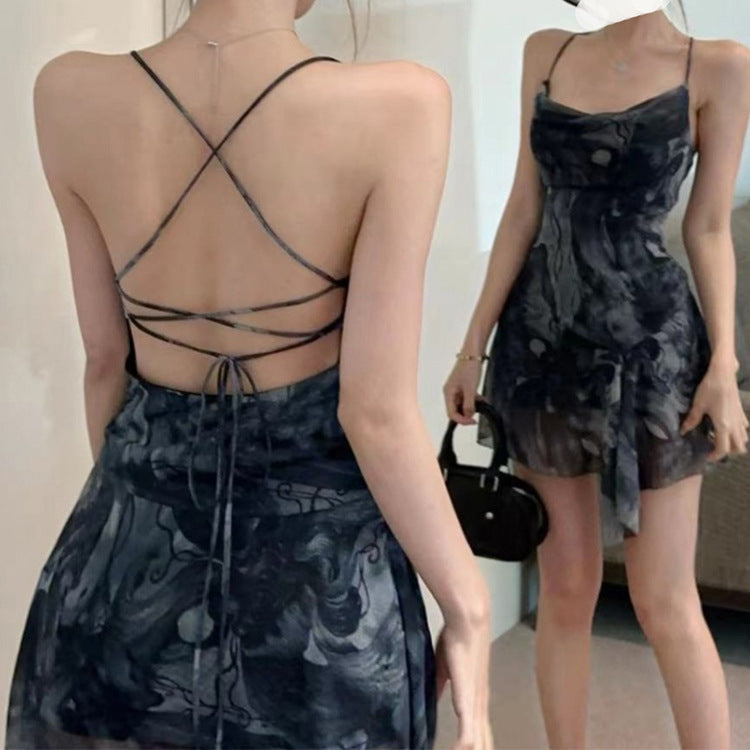 Stylish Womens Backless Asymmetrical Printed Slip Dress