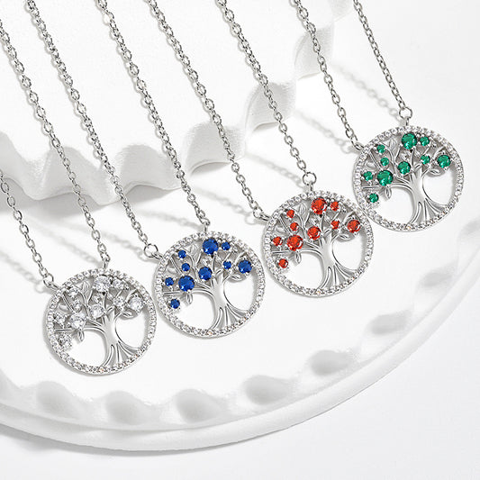 Womens Hollow Color Zircon Tree Of Life Necklace