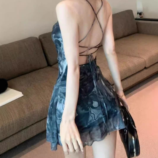 Stylish Womens Backless Asymmetrical Printed Slip Dress