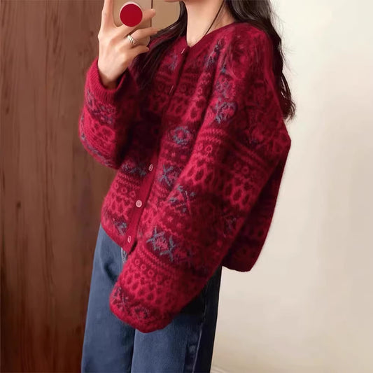 New Year & Christmas Red Jacquard Sweater For Women FallWinter Style