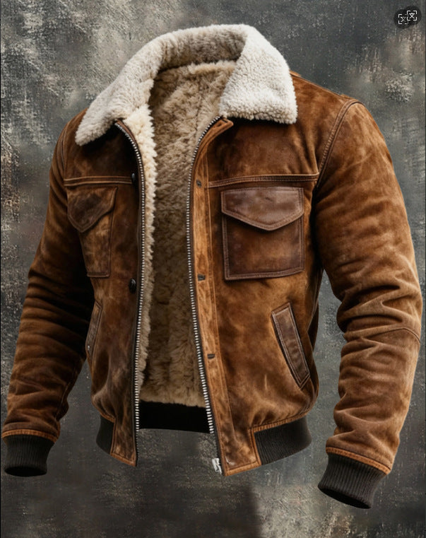 Mens Retro Multi-Pocket Fleece-Lined Versatile Outdoor Jacket