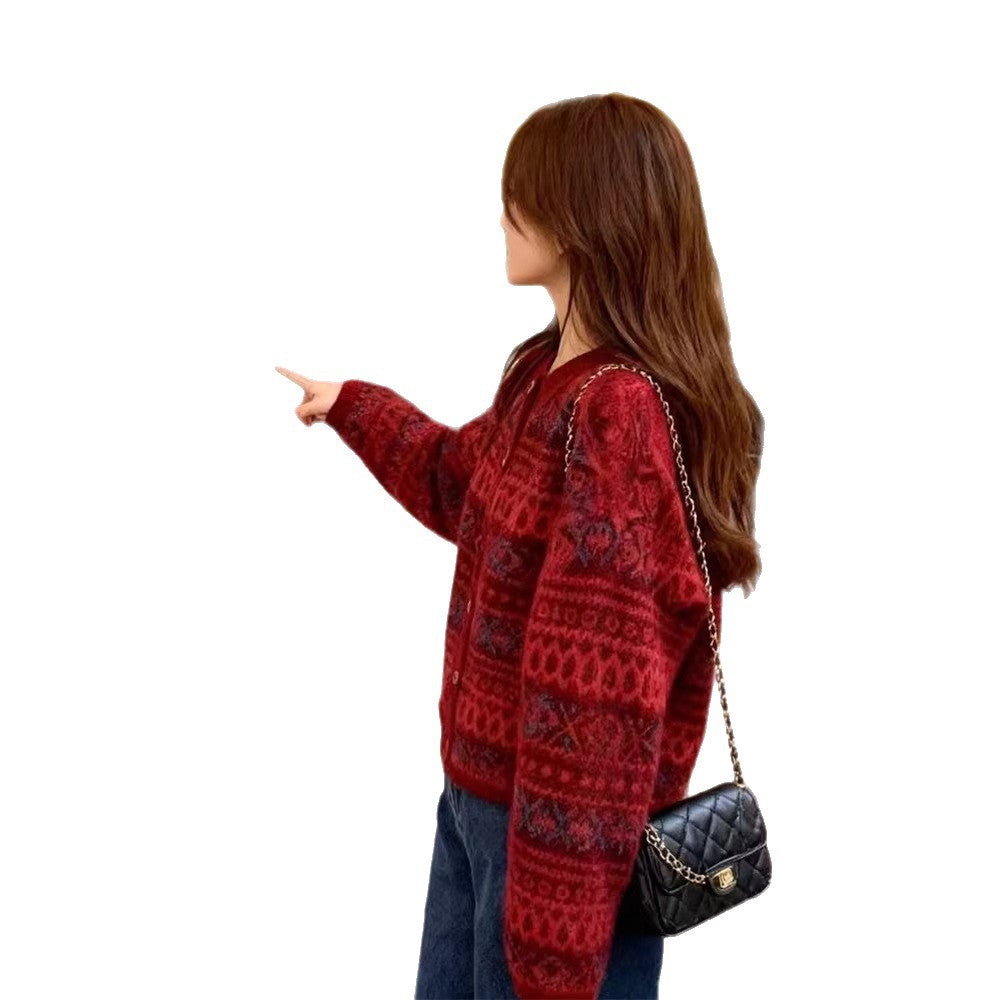 New Year & Christmas Red Jacquard Sweater For Women FallWinter Style