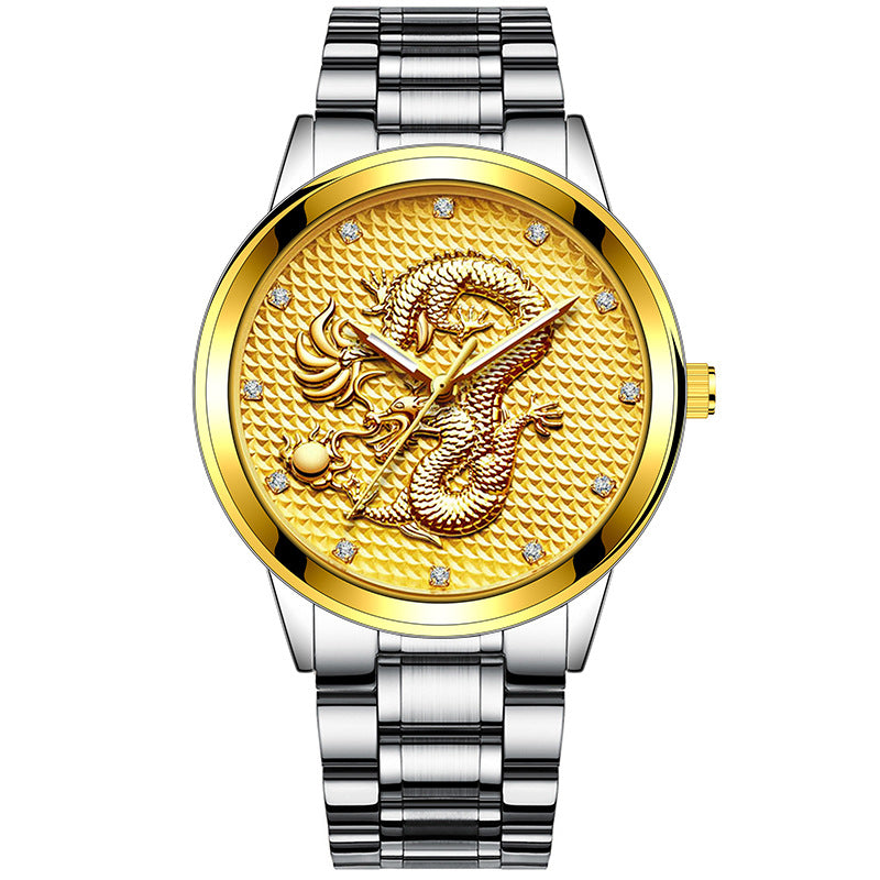 New Men's Embossed Golden Dragon Playing With Beads Diamond-inlaid Casual Business Quartz Watch