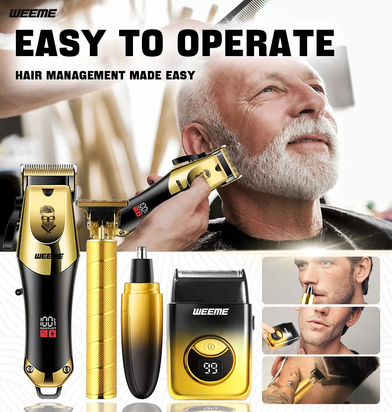 Wireless USB 4PCS Men's Hair Clipper Set & Nose Trimmer Rechargeable Lithium Battery Haircut Kit Ideal Gift for Him Golden Gradi