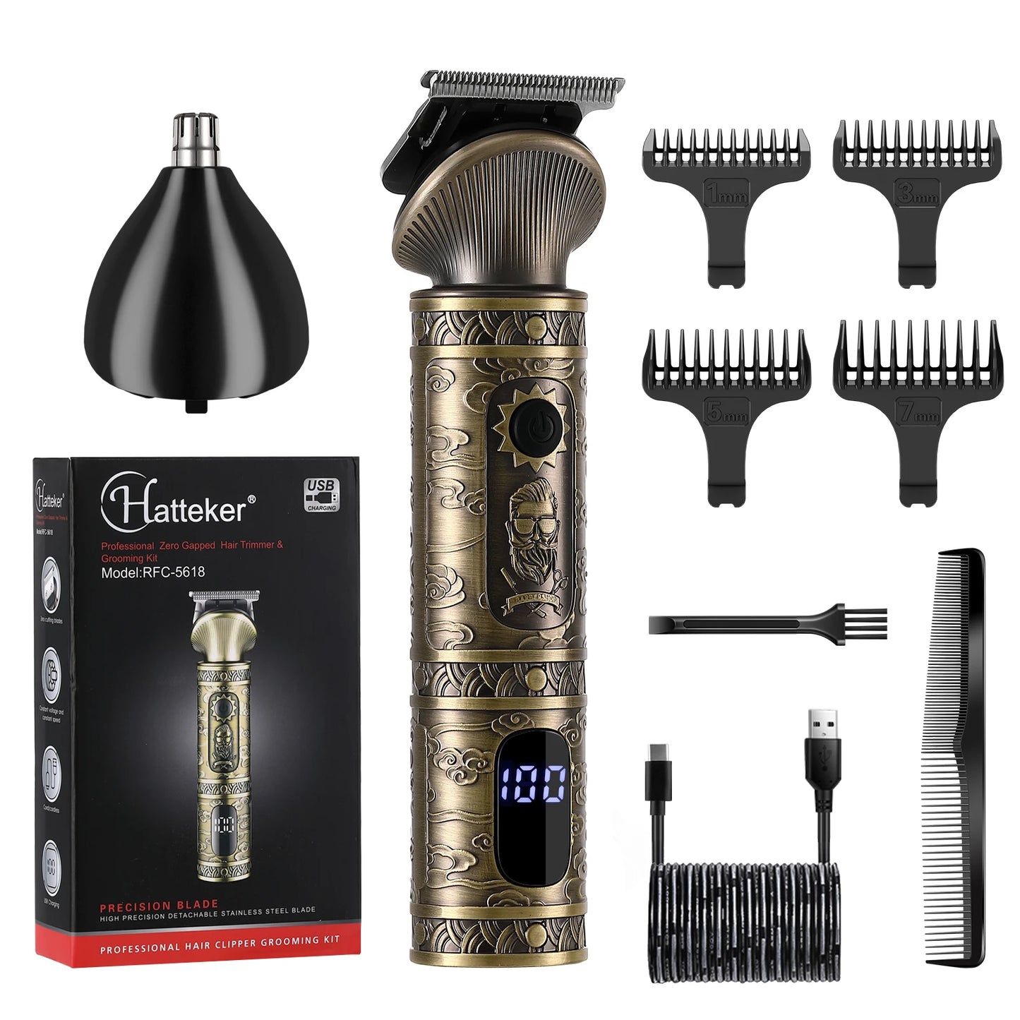 Hatteker Hair Trimmer Professional Hair Clipper Metal Hair Cutting Machine Electric Cordless Rechargeable Trimmer for Men