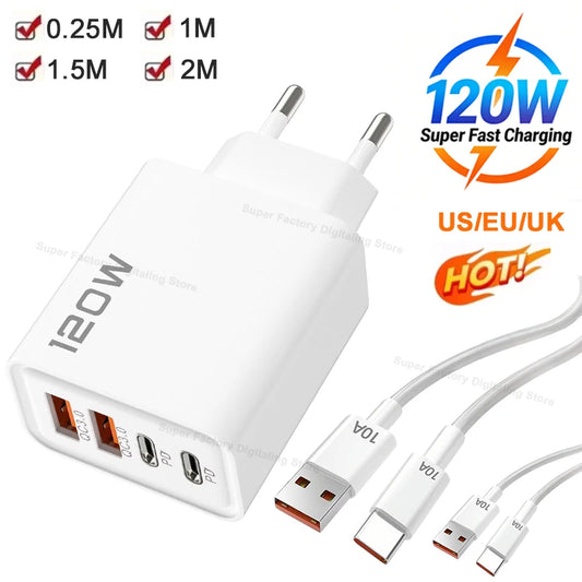 120W 4 Port USB Type C Charger Fast Charging Data Cable USB Phone Charger Adapter For Samsung iPhone Huawei Wall Charger