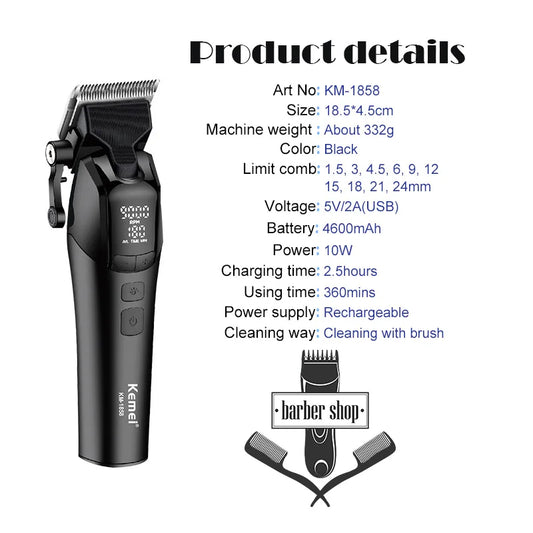 Kemei KM1858 Original Professional Rechargeable Hair Trimmer Adjustable Hair Clipper USB Carving Barber Salon DLC Blade
