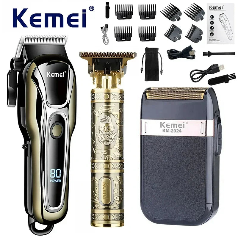 Kemei KM-PG1990A KM-T9 KM-2024 Professional Men's Barber Set Men's Electric Razor Electric Barber Hair Trimmer for Men Clippers