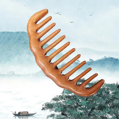 Natural Sandalwood Comb Wide Tooth Anti-Static Scalp Massager for