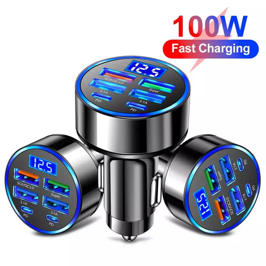 100W Super Fast 4-Port Car Charger for Mobile Phone High-Speed Vehicle Charging Station with Multiple Devices Charging Capacity