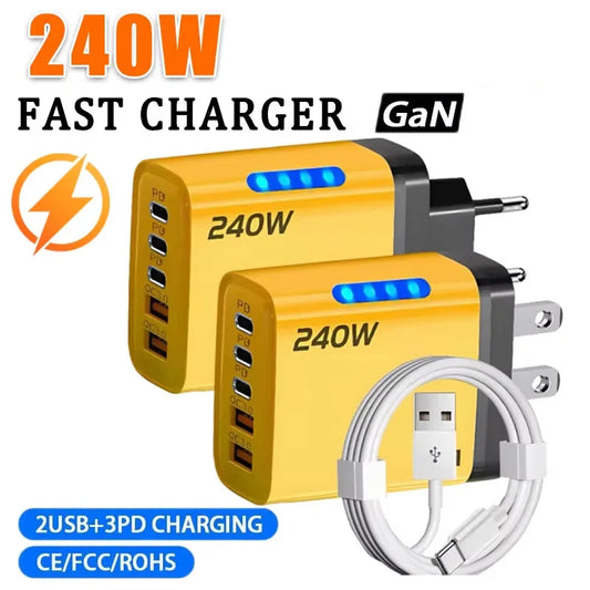 240W GaN Fast Charger With LED Light 5 in 1 2USB+3TypeC Multi Port Phone Charging Head For IPhone 16 15pro Laptop ﻿