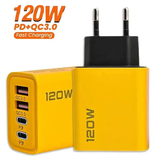 4 Ports 120W PD USB Charger Fast Charging Type C Mobile Phone Adapter Quick Charge 3.0 EU/US Plug Travel Wall Charger For iPhone