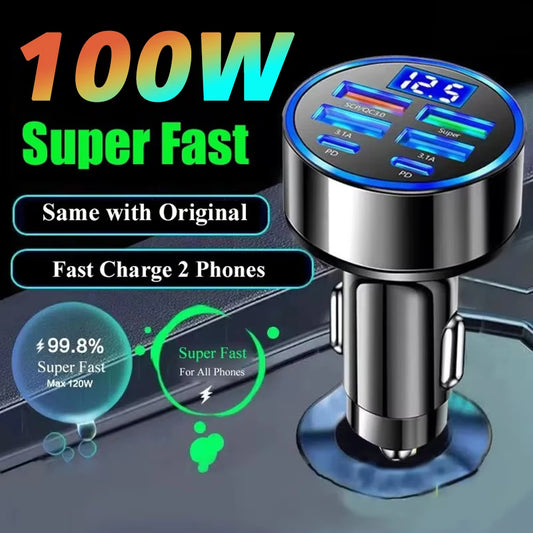 Super Fast 4-Port Car Charger 100W  for Mobile Phone High-Speed Vehicle Charging Station with Multiple Devices Charging Capacity