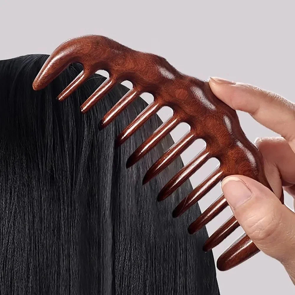 Natural Sandalwood Comb Wide Tooth Anti-Static Scalp Massager for