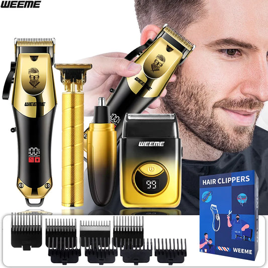 Wireless USB 4PCS Men's Hair Clipper Set & Nose Trimmer Rechargeable Lithium Battery Haircut Kit Ideal Gift for Him Golden Gradi