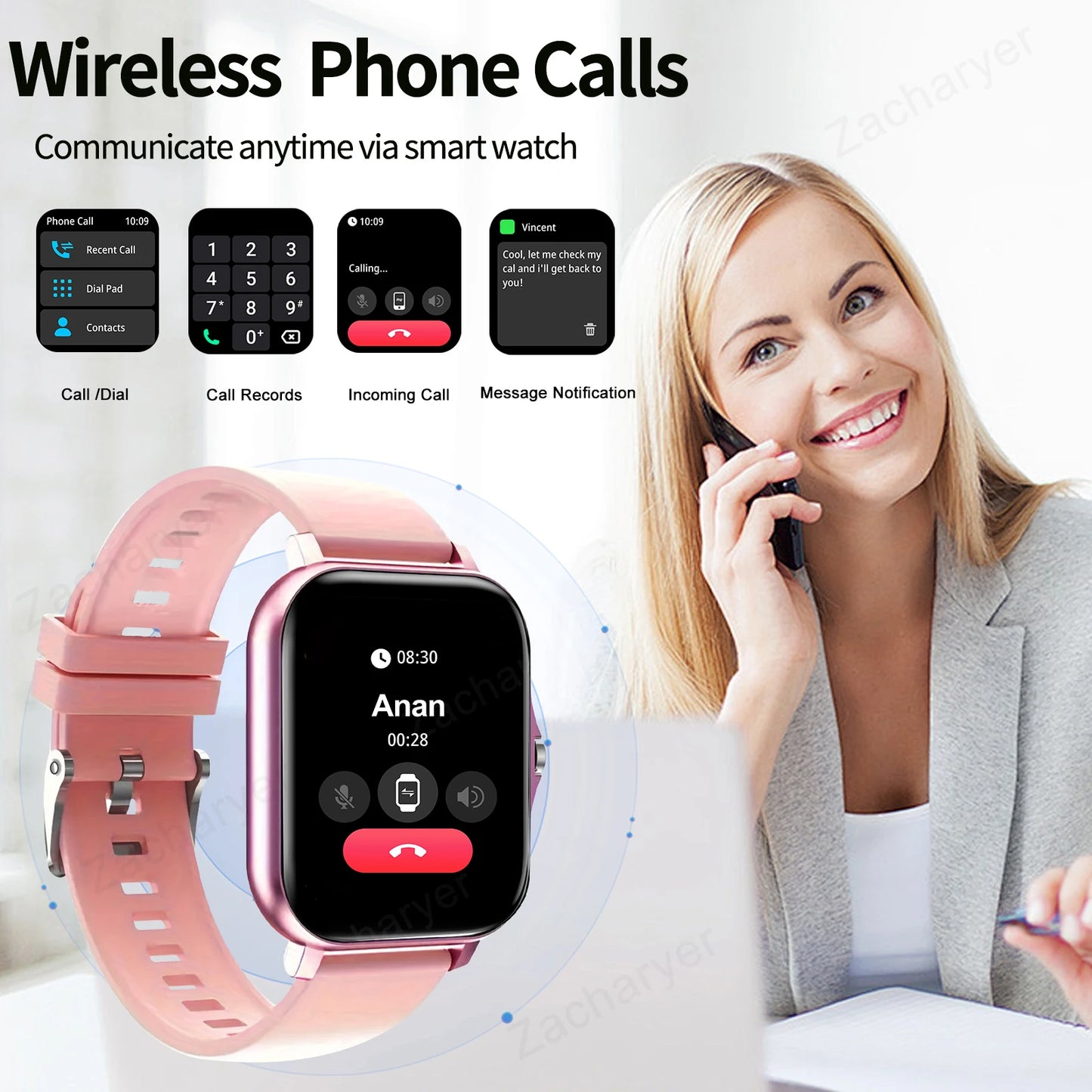 Smart watch, wireless calling /dial, multi -Sport mode, calling reminder and rejection,information reminder, Various APP Reminde