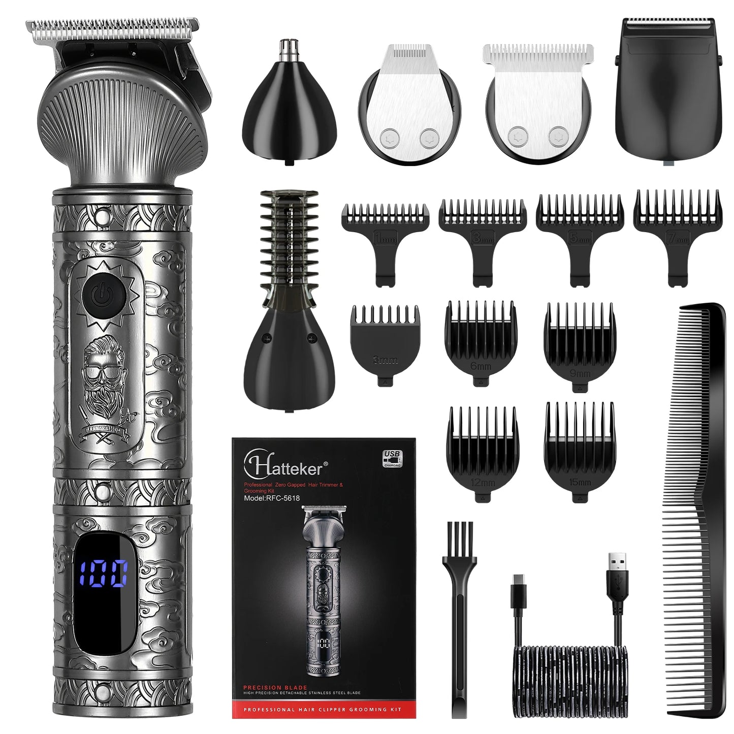 Hatteker Hair Trimmer Professional Hair Clipper Metal Hair Cutting Machine Electric Cordless Rechargeable Trimmer for Men