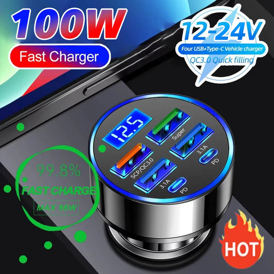 100W Super Fast 4-Port Car Charger for Mobile Phone High-Speed Vehicle Charging Station with Multiple Devices Charging Capacity