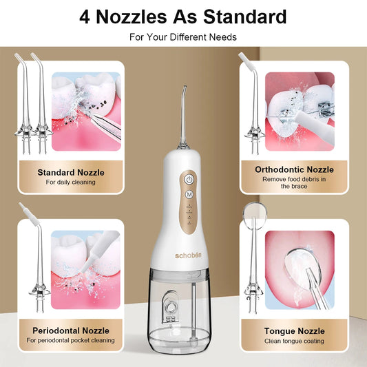 4-in-1 Water Flosser, Cordless Portable 300ML Large Tank, Home & Travel Water Flosser and Dental Floss Cleaner
