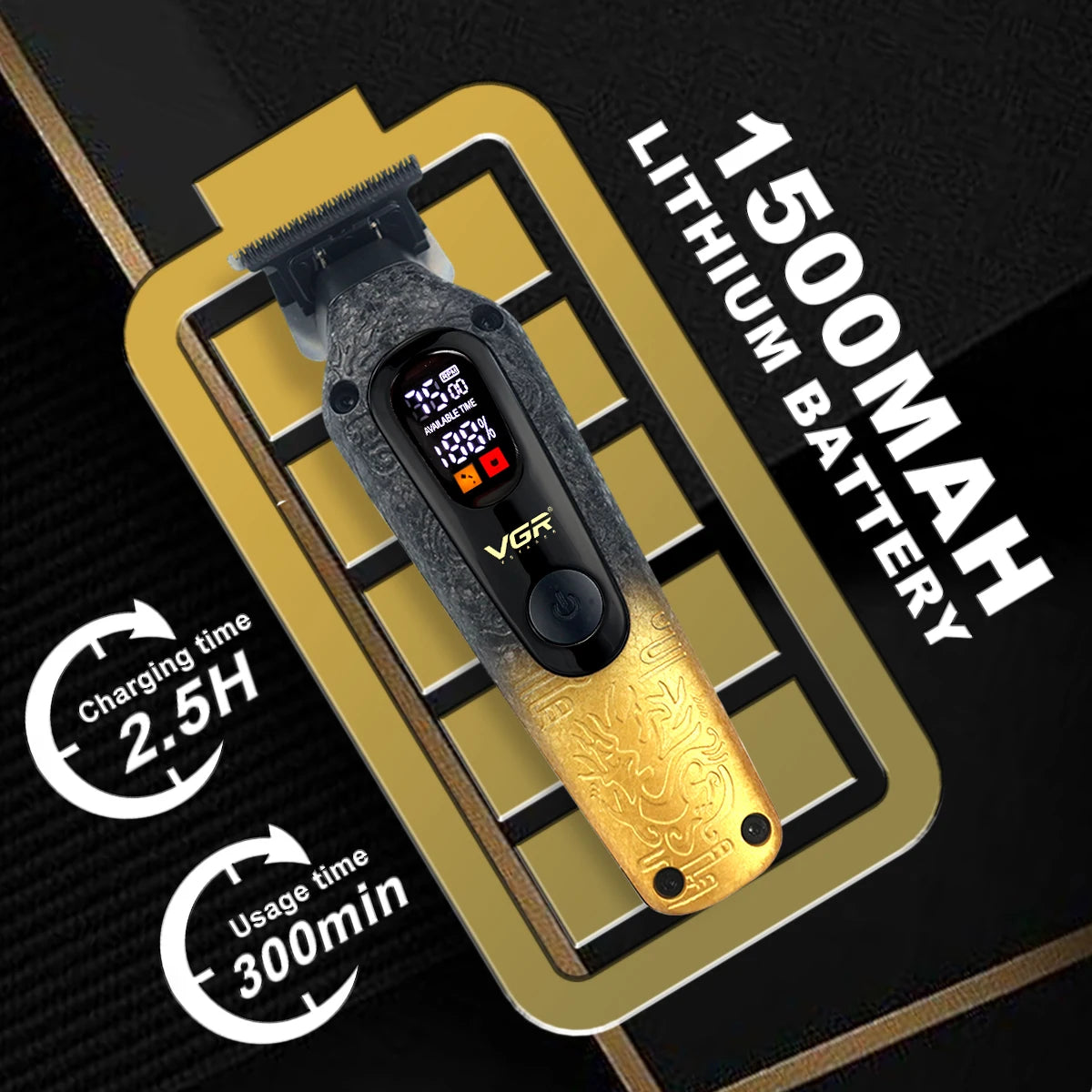 VGR V-879T Hair Trimmer for Men DLC Blade T-Blade 7500RPM LED Display 1500mAh Professional Hair Clipper Finishing Machine