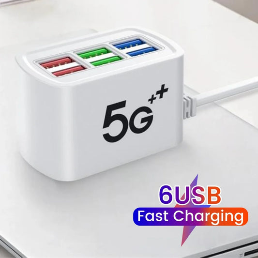 A power strip charger with 6 USB ports, equipped with both European and American plugs, capable of charging mobile phones