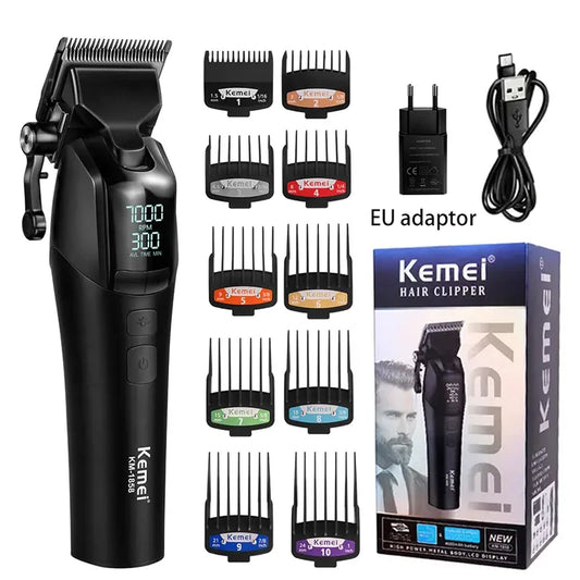Kemei KM1858 Original Professional Rechargeable Hair Trimmer Adjustable Hair Clipper USB Carving Barber Salon DLC Blade