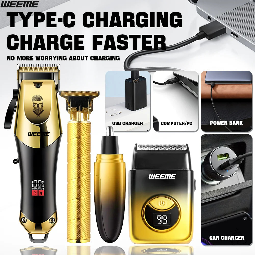 Wireless USB 4PCS Men's Hair Clipper Set & Nose Trimmer Rechargeable Lithium Battery Haircut Kit Ideal Gift for Him Golden Gradi