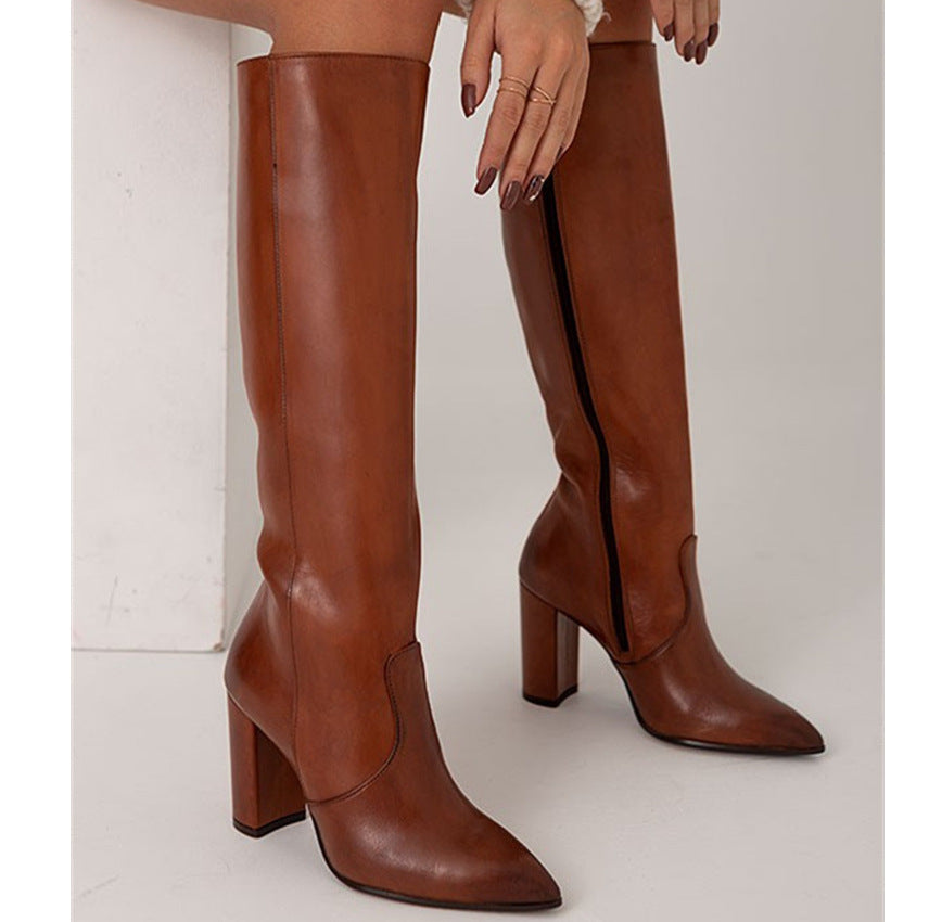 Womens Stylish High Heeled Pointed Toe Side Zip Thigh High Boots