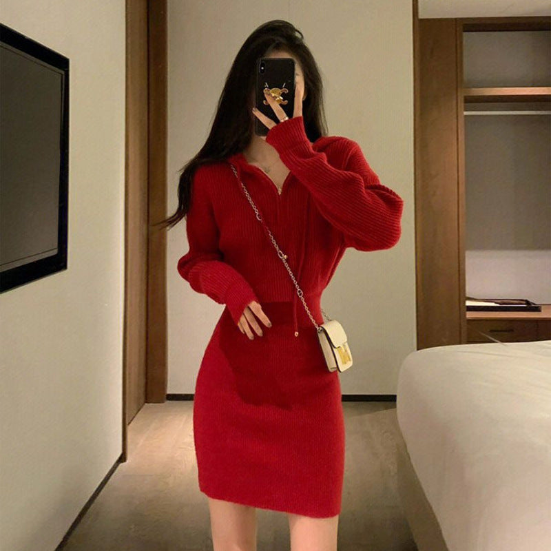 French New Year Red Hooded Knit Dress