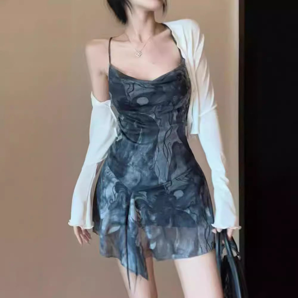 Stylish Womens Backless Asymmetrical Printed Slip Dress