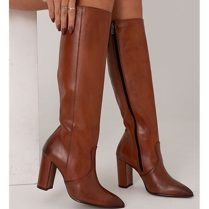 Womens Stylish High Heeled Pointed Toe Side Zip Thigh High Boots