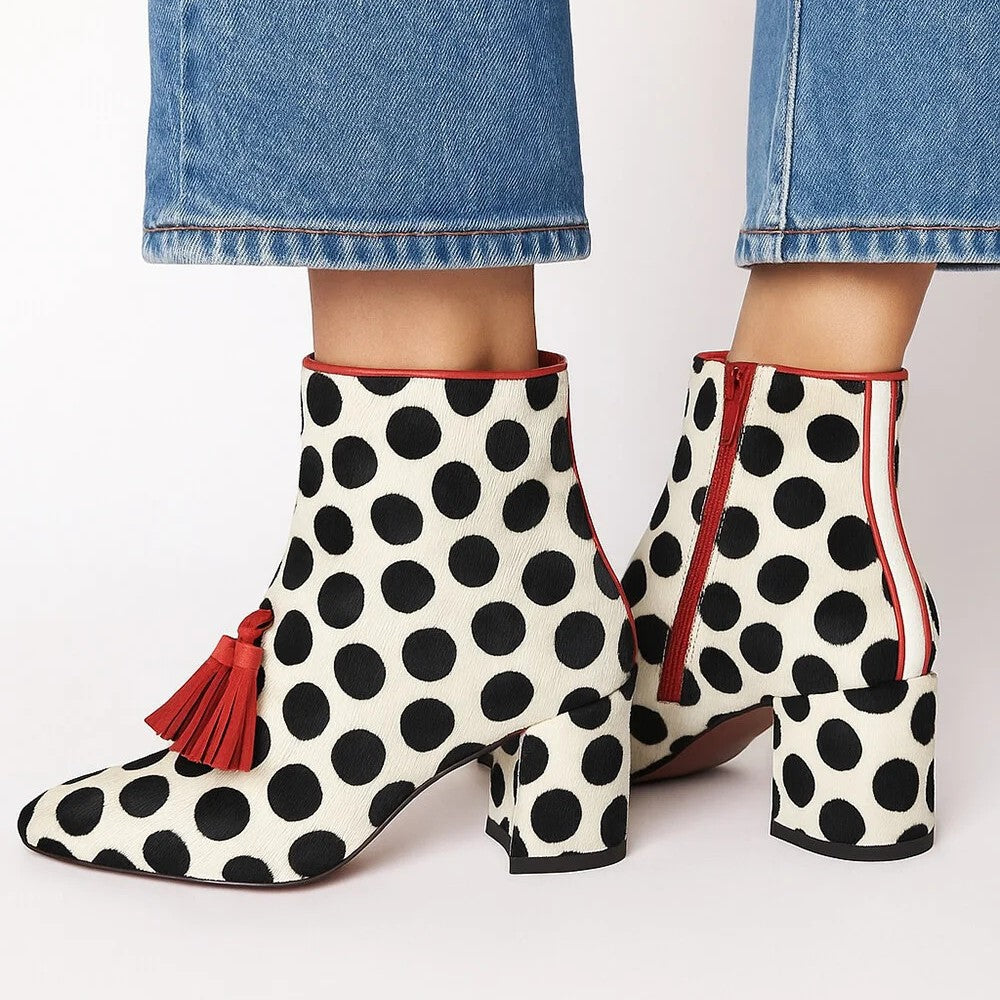 Polka-Dot Fringe Side-Zip Square-Toe Chunky-Heel Womens Boots