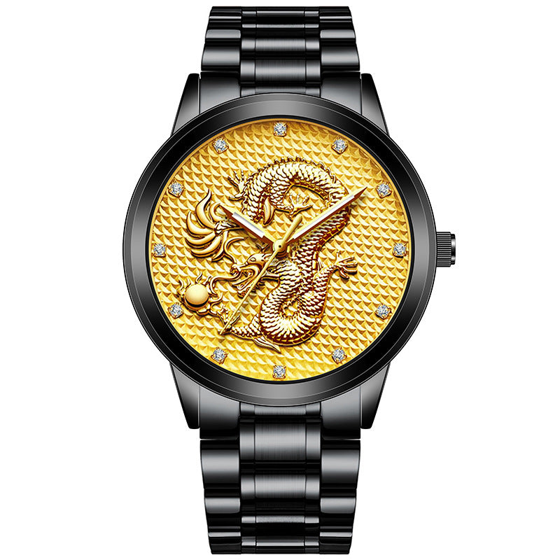 New Men's Embossed Golden Dragon Playing With Beads Diamond-inlaid Casual Business Quartz Watch