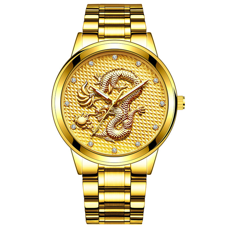 New Men's Embossed Golden Dragon Playing With Beads Diamond-inlaid Casual Business Quartz Watch